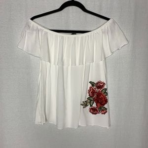 Staccato White Off-Shoulder Top with Red Floral Design